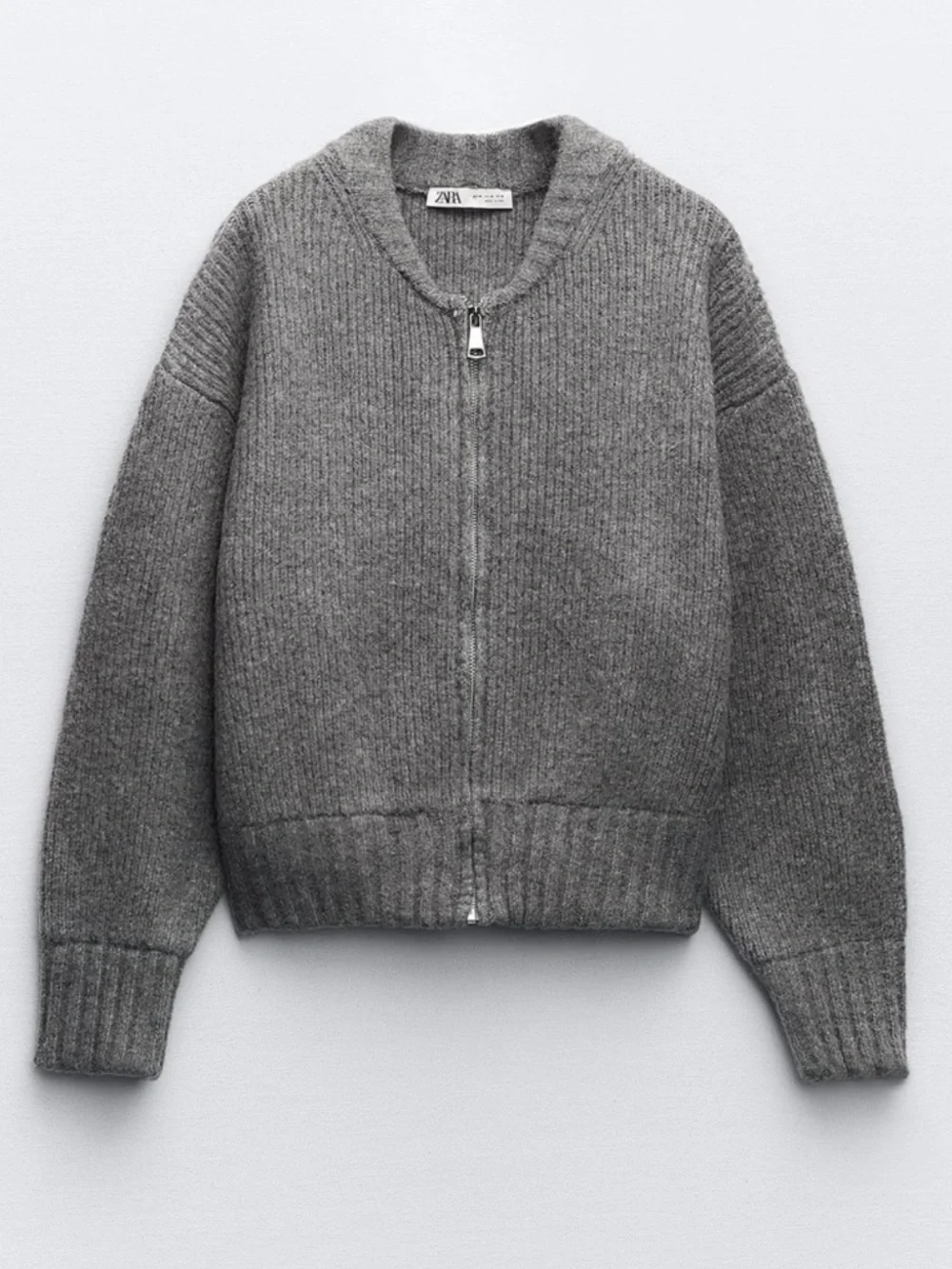 Zara Zippered Knit Cardigan Bomber Jacket Gray Silver Boxy Sweater Size S